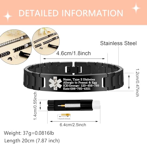 Uloveido Stainless Steel Medical ID Bracelet for Men and Women | Free Engraving Watch Band Style Alert Wristband | Personalized Medic ID Bracelet for Dad | Includes Link Remover4