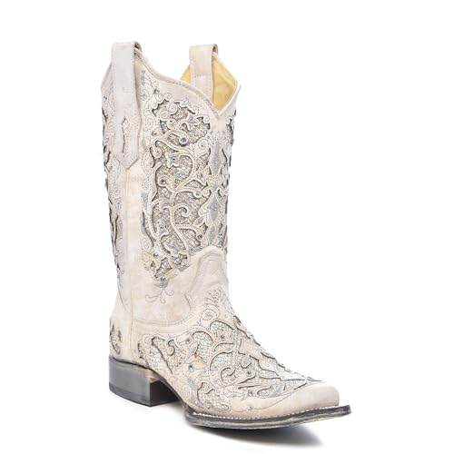 CORRAL Women's White Glitter and Crystals Cowgirl Boot Square Toe - A3397