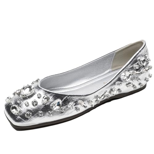 Women's PU Fashion Rhinestone Foldable Ballet Flats Square Toe Comfortable Slip-On Dressy Flat Shoes for Wedding Bridal Party Evening