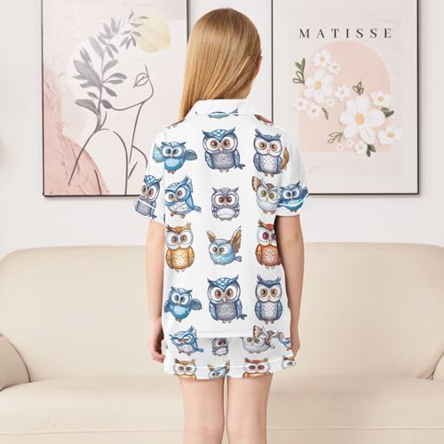 ALAZA Cute Owl Owlet White Satin Pajamas Set Short Sleeve Button Down Sleepwear Summer Pjs 2 Piece4
