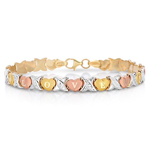 Floreo 10K Tri Color Yellow, White And Rose (Pink) Gold Stampato Xoxo X & Heart "I Love You" Chain Bracelet 7 Inch #TOP12