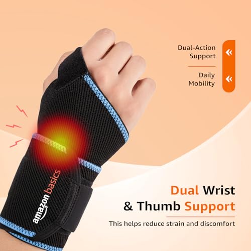 Image of Amazon Basics Wrist Brace with Thumb Support | Adjustable Compression for Wrist & Comfort | Breathable Fabric | Padded Design for Daily Use | Unisex