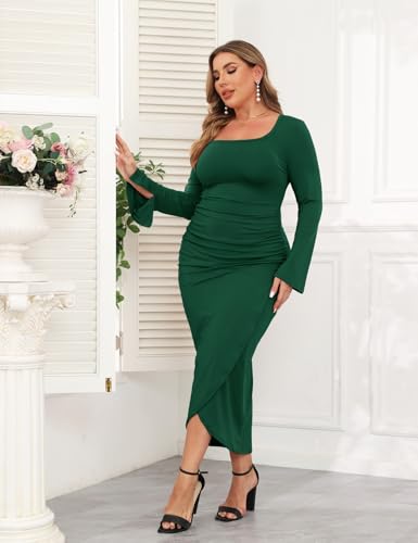 Image of ZOMVA 2024 Plus Size Cocktail Dress Comfortable Bell Sleeves Wedding Guest Square Neck Semi Formal