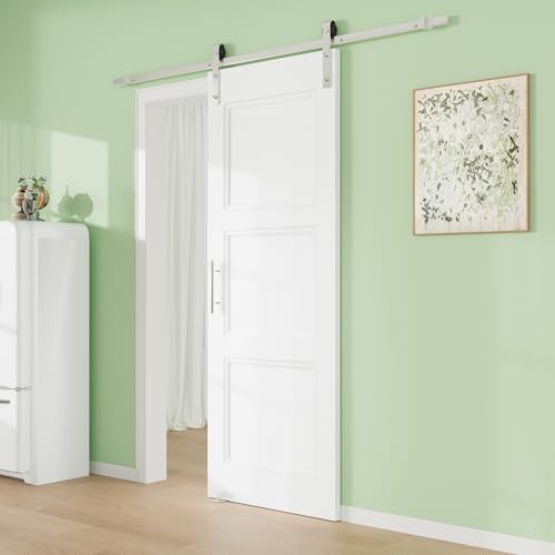 Image of 36 inch x 80 inch Presembled 3-Lite Molded Panel Barn Door with 72 inch Track Kit, Solid MDF Sliding Barn Door for Closet Kitchen Bedroom Pantry, Excellent Sound & Thermal Insulation, Nickel-Plated Hardware Kit