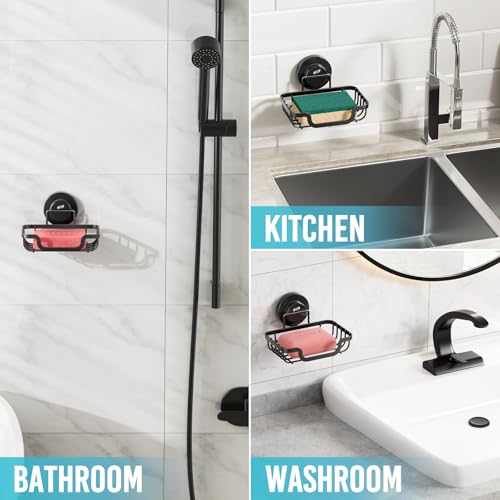 Image of TAILI Soap Dish, Bar Soap Holder Suction Cup, Stainless Steel Sponge Holder | Soap Dish for Shower Wall, Self-Draining Soap Holder Shower for Bathroom & Kitchen, Black