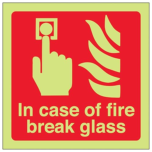 V Safety GITD In Case Of Fire Break Glass - Square 100 x 100 mm - Glow In The Dark 1mm Rigid Plastic Safety Sign