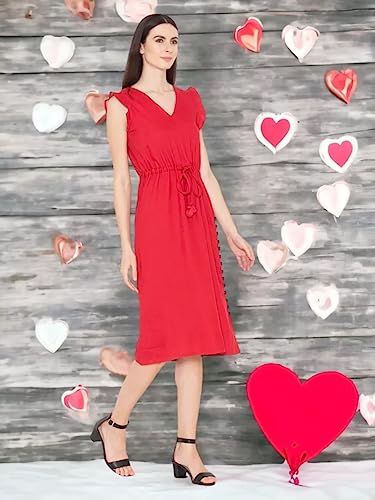 Image of ENTELLUS Western V Neck Inside Belt Red Dress for Women (Size - XS to 6XL)