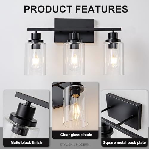 3 Light Bathroom Light Fixtures Black Vanity Light Over Mirror Modern Farmhouse Wall Lighting Sconces Rustic Industrial Wall Lamp for Bathroom, Bedroom, Living Room E26 Socket with Glass Shade
