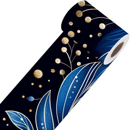 Image of Nuxovilar Dark Blue Gold Botanical Peel Stick Wall Border PVC 3.94x16.4'