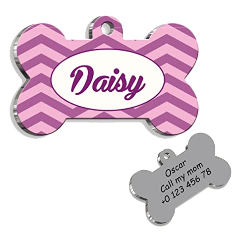 Pink Lines Bone Personalized Dog Tag - Custom Name Tag - ID Tag for Dog & Cat - Customized Pet Tags - Dog Name Tag - Cat Name Tag - Engraved Dog Tag