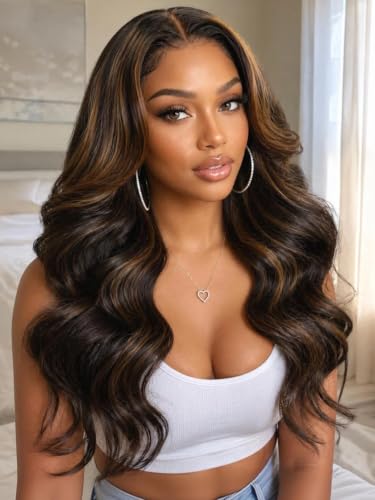 Image of KLAIYI Bye Bye Slip Golden Brown Highlight Body Wave Glueless Precut 7x5 Lace Front Wigs Human Hair Drawstring Pre Plucked Bleached Knots Ombre 3S Ready to Wear and Go Wig with Dark Roots 180% 26Inch