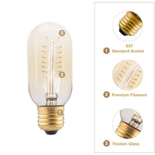 4 Pack Vintage Light Bulbs, Edison Screw Bulb 40W, Dimmable, Warm White Light 2700K, Decorative Filament Bulb E27, T45 Tube Shaped, 230V - Image 5