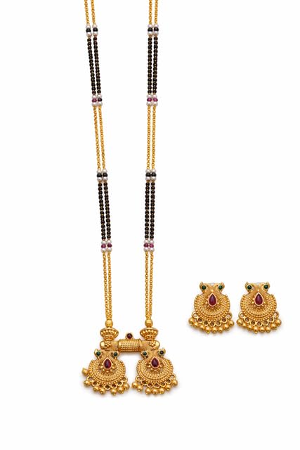 Ethnic Designer Mangalsutra Jewelry Set, Gold Tone Double String Chain with Ruby Accents, Elegant Gift for Wife, Complete Necklace & Earring Set(VATIKA_11)-image-24