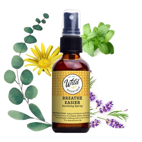 Wild Essentials Breathe Easier Essential Oil Spray, 2 Ounce, 60ml, Allergy, Cold, Sinus, Made with 100% Essential Oils, Organic Witch Hazel, Aromatherapy, Room, Linen, Body Spray, All Natural
