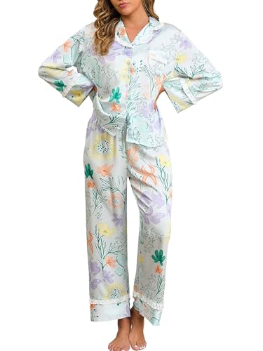 Image of Jusfitsu Women's Silk Satin Pajamas Long Sleeve Ruffle Button Down Pjs Sets
