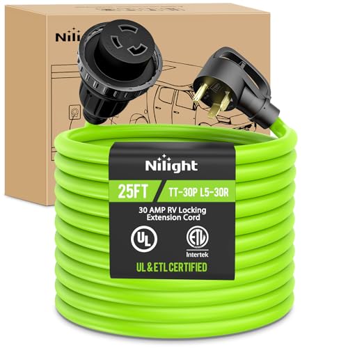 Image of Nilight 25FT 30 Amp RV Locking Extension Cord 125V Heavy Duty 10 /3 Gauge Pure Copper STW Wire UL ETL Listed 3 Prong TT-30P L5-30R Weatherproof Suit for Camper Caravan Trailer Bright Green