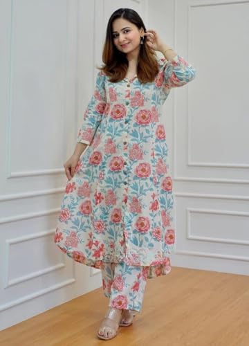 Greciilooks Women's Cotton Blend Floral Regular Fit Kurta Set (Gl-W1823_Pink_2Xl)