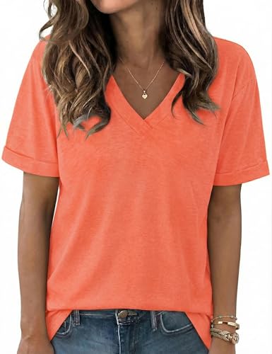 Aottori Top Damen Sommer T-Shirts für Damen V-Ausschnitt Kurzarm Oversize Oberteile Orange M