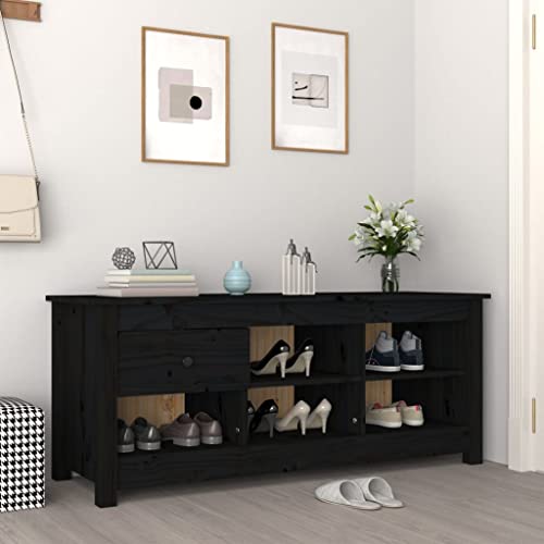 Zapatero con 1 cajón y 5 compartimentos en madera negra de pino 3