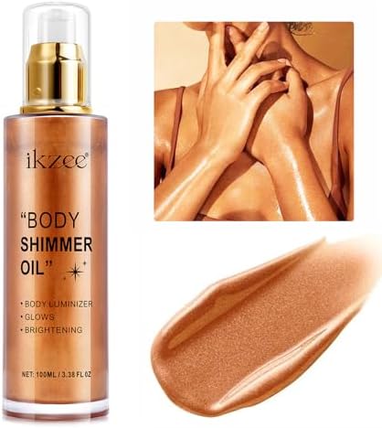 Body Shimmer Oil 100ml, Long Lasting Moisturizing Face & Body Luminizer, Waterproof Liquid Illuminator, Shimmer Glitter Oil Highlighter (#04 Golden Brown)