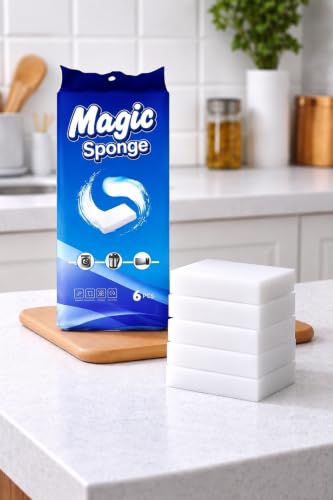 Image of Magic Cleaning Sponge Eraser for Kitchen, Bathroom, Wall & Multi-Surface Cleaning | Stain Remover Sponge | Water Activated Cleaning Pad | Pack of 6