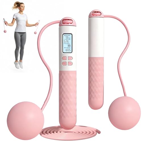 Lunaanda Cuerda para Saltar Inteligente con Contador, Combas Digital sin Cable con Grandes Bolas de Peso para Adultos, Ajustable, para Entrenamiento de Gimnasio Fitness y Quema de Grasa (Rosa Blanco)