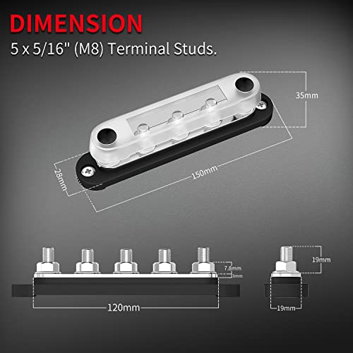 Daiertek 12V Power Distribution Block 5 X 5/16" (M8) Terminal Studs 12V Bus Bar With Cover Max 300V Ac 48V Dc Positive & Negative Battery Distribution Block For Automotive Car Boat #TOP1