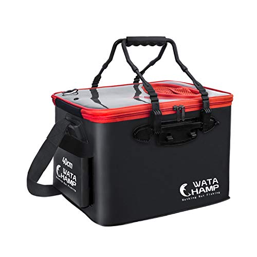 ワタチャンプ(WATACHAMP) 釣り バッカン 折りたたみバケツ メッシュカバー ホルダー付き EVA 40cm 防災備蓄品 持ち運び便利 (ブラックレッド(メッシュカバー付き), 40cm) 特許取得済み