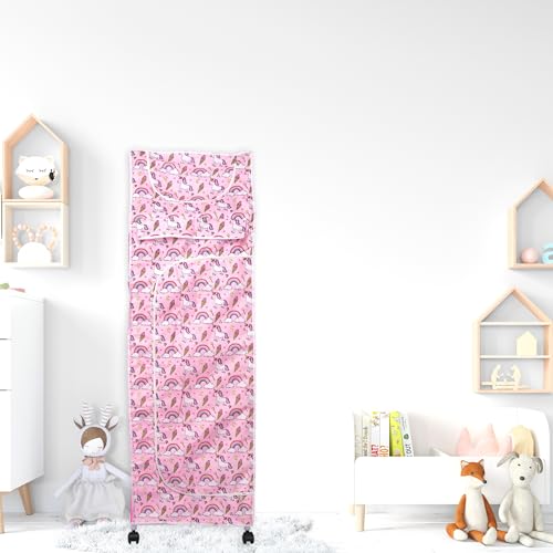 Image of HYSEYY Baby Wardrobe Plastic Kids Storage Rack with Fabric Cover & Wheels | 6-Tier Plastic Shelves Organizer | Toy, Book & Clothes Storage Cabinet for Kids Room (Unicorn Pattern)