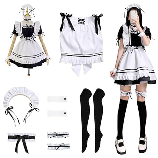MeYuxg Maid Outfit, Anime French Maid Dress, Halloween Kostüm Damen Niedliche Maid Cosplaykleid mit Schürze Beinringe Schwarz Strümpfe, Maid Kostüm Schwarz, Größe M | Ya disponible en tu tienda friki favorita! En mundofriki.es!