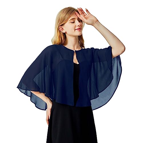 Ciormis Navy Blue Chiffon Shawls Bundle with Navy Blue Chiffon Capelets Shrug - 2 Pack - Ladies Formal Shawls and Wraps for Evening Dress3