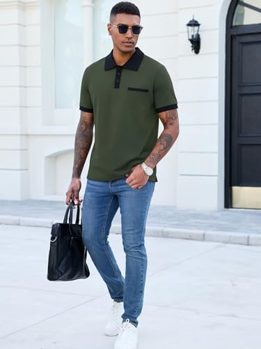 Image of Men's Casual Polo Shirts Summer Short Sleeve Contrast Collar Buttoned Tee Polo Shirt with Pocket
