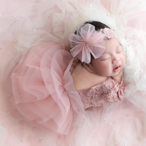 Image of SNOWIE SOFT Newborn Lace Dress & Headband Set for Infant Girls 0-1 Month, Vintage Tulle Baby Photoshoot Outfit, Soft Lace Romper Dress with Flower Headband, Elegant Newborn Photography Prop.