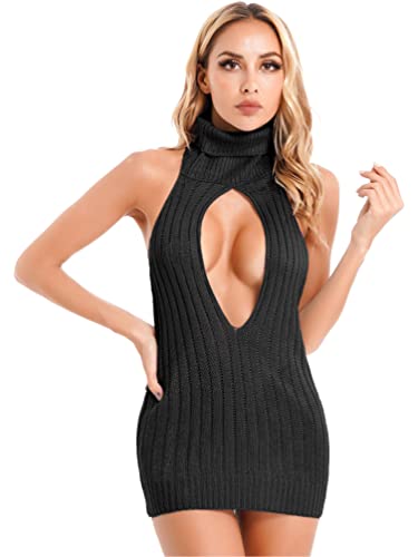 Linjinx Women's Hollow Out Pullover Sweater Dress Open Chest Turtleneck Knitwear Backless Dress4