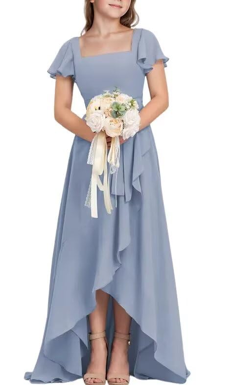 Junior Bridesmaid Dress Long with Slit A-Line Chiffon Flower Girl Dresses Short Ruffle Sleeves for Wedding Party3