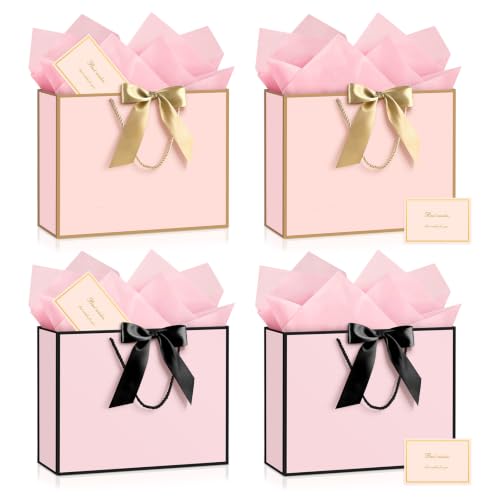 Image of JMANNI Gift Bags with Handles, 13 inch Medium Gift Bag for Presents, 4 Pcs Bags with 8 Tissue Paper and 4 Cards for Graduation Baby Shower Wedding Fathers Day Mother's Day Birthday Party(pink black)