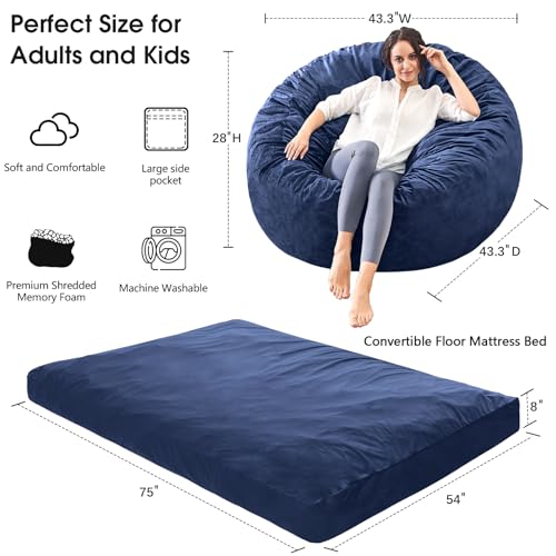Bean Bag Chairs for Adults - Giant Bean Bag Chair Convertible Bean Bag Bed - Beanbag Chair with Micro Fiber Cover/Furniture Foam Filler - Floor Couch Sofa in Bedroom Dorm Room - Full Navy Blue