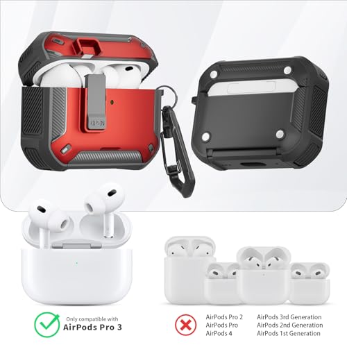Image of for AirPods Pro 3 Case with Magnetic Lock and Phone Stand, Compatible with Magsafe Charging,with Carabiner&Cleaner kit for Apple iPod Pro 3rd Generation Cover(2025) Men Women (Red)
