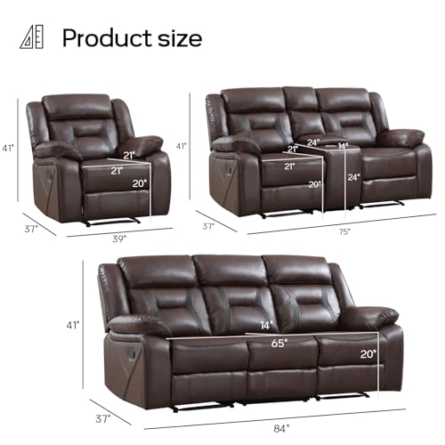 Image of EBELLO Faux Leather Recliner Sofa Furniture Set for Living Room, Recliner Chair, Manual Loveseat, 3 Seat Recliniing Sofa Couch Set for Meeting Room, Dark Brown