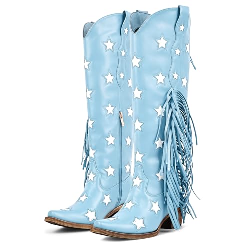 Image of richealnini Western Thigh High Cowboy Boots with Fringe Over Knee Wide Calf Cowgirl Boots