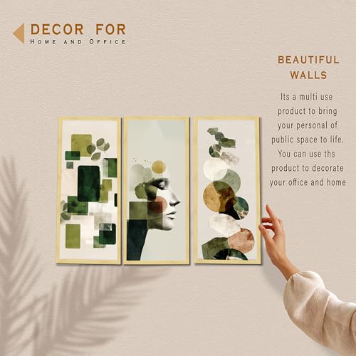 Image of PAINTINGMANTRA Abstract Botanical & Face Framed Wall Art Set of 3 | Modern Boho Green Tone Wall Decor |Engineered Wood Frame Art for Living Room, Bedroom & Office, 8.9x18.9 Inch