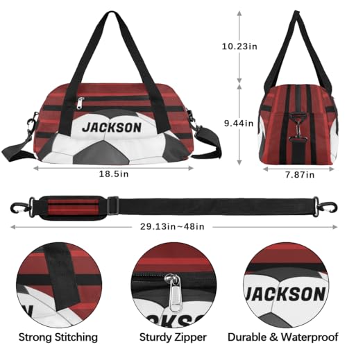 Football Ball Custom Name Kids Overnight Duffel Bags Boys Red Stripe Personalized Sport Gym Bag Customized Duffel Bag for Travel Weekender Practice Gymnastics4