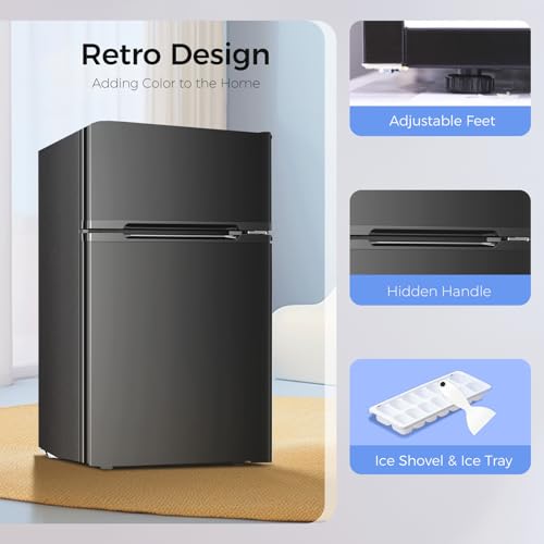 Kismile Mini Fridge with Freezer,3.2 Cu.Ft Compact Mini Refrigerator with Double 2 Door,Adjustable Temperature,Full Size for Home,Kitchen,Dorm,Apartment,Retro Black