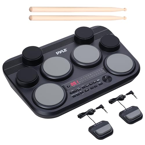 Pyle 電子ドラムセット ? タッチセンサーパッド8個、80キット、110曲、USB/MIDI、ヘッドホン出力、コンパクトな卓上電気ドラムキット、ペダルとスティック付き、練習とパフォーマンスに最適