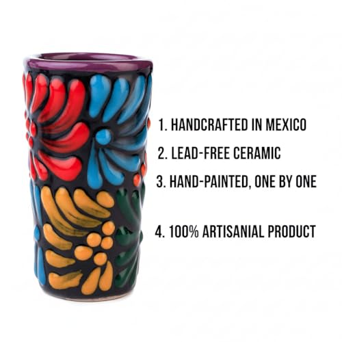 Image of Talavera Shot Glasses Set of 4 Authentic Mexican Tequila Shot Glasses - Hand-painted - 2 Oz (Black Floral)