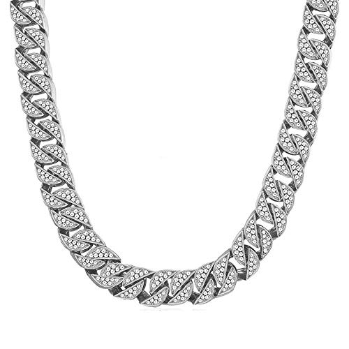 Huaming 13mm Mens Iced Out Chain Necklace Hip Hop Silver Tone CZ Miami Cuban Link Chain Choker Necklace 18inchs