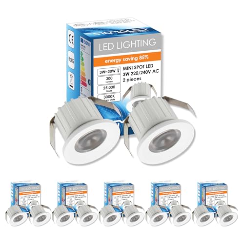 Sigmaled lighting, MINI FARETTO LED 3W, Dimmerabile, 300lumen, Luce Calda 3000K, Spot Tondo incasso in alluminio, 220V / 240V AC Driver NON NECESSARIO, 10 Spots