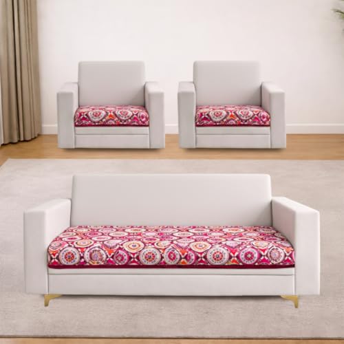 Image of Homerz Premium 5 (3+1+1) Seater Velvet Sofa Panel Cover with Digital Prints | Anti-Slip Backing (Pink Rangoli, 5 (3+1+1) Seater)