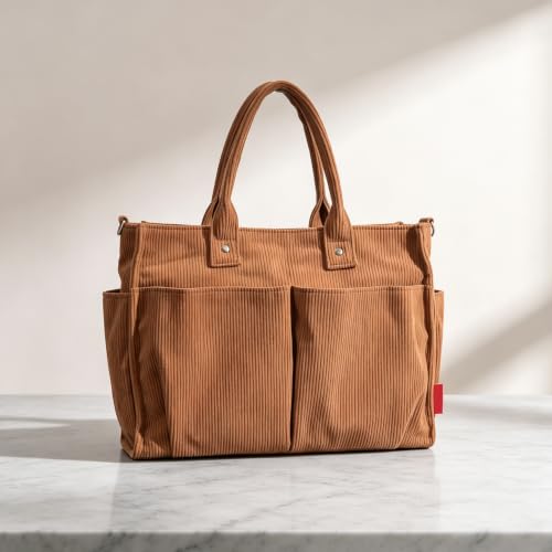 Bolso tote para mujer de corderoy grueso – bolso de mano para desplazamientos con cierre de cremallera, forro de poliéster y tiras fijas para el hombro – bolso casual espacioso para el trabajo, la escuela y los viajes (caramelo) miniatura 5