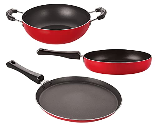 Image of Nirlon Aluminium Non Stick Cookware Pots and Pans Set with Bakelight Handle, Red